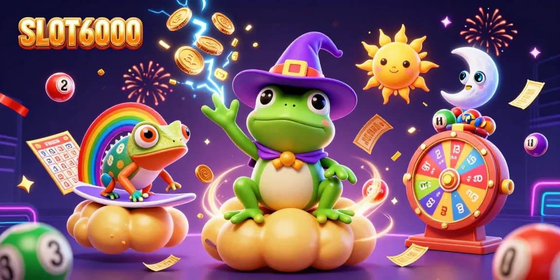 SLOT6000 delivers vibrant gaming fun as a wizard frog summons golden coins and a rainbow chameleon rides a cloud.