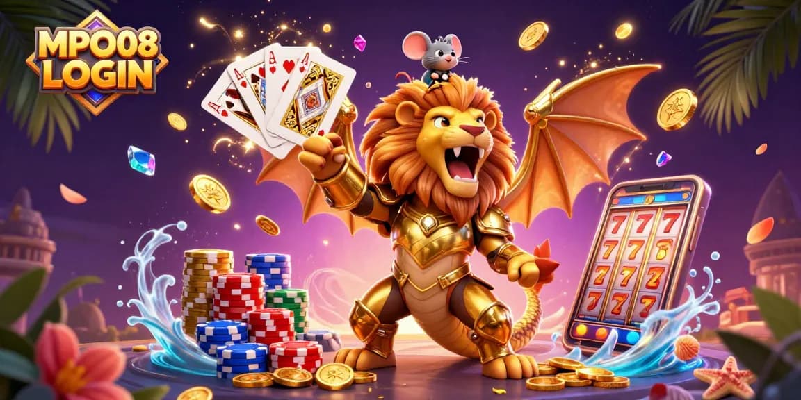 MPO08 LOGIN experience with a chimera creature and brave mouse jockey in an exciting casino scene.