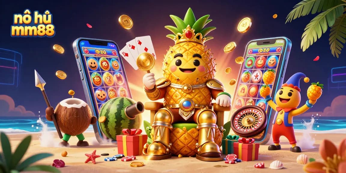 Spin and win with nổ hũ mm88, featuring a vibrant beach casino scene and colorful game elements.