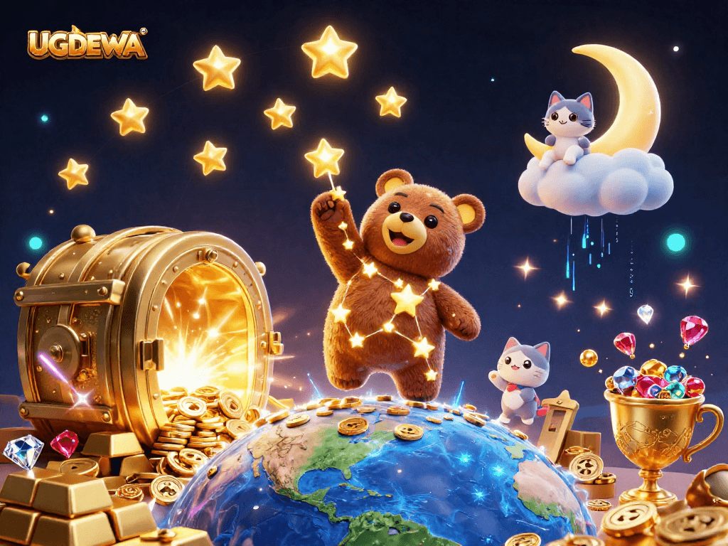 Experience winning excitement with UGDEWA in this vibrant casino-themed illustration.