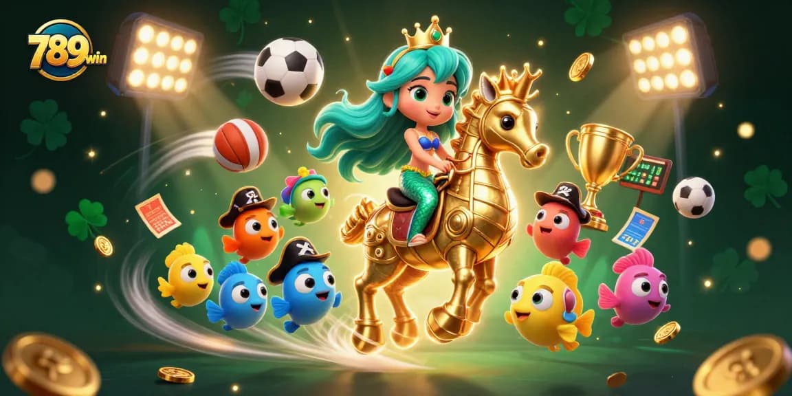 Engage in excitement with 789win while a mermaid princess and seahorse celebrate sports betting in a dynamic 3D scene.