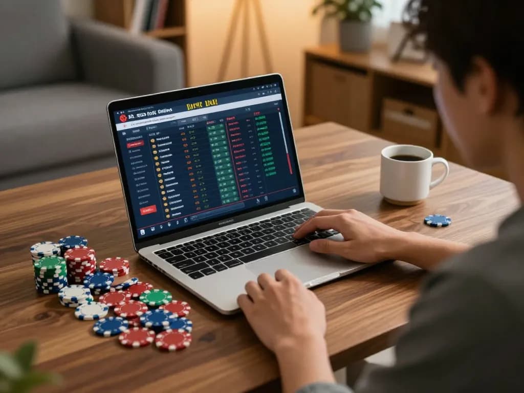 Player analyzing situs toto betting strategies on a laptop while surrounded by poker chips in a cozy home.