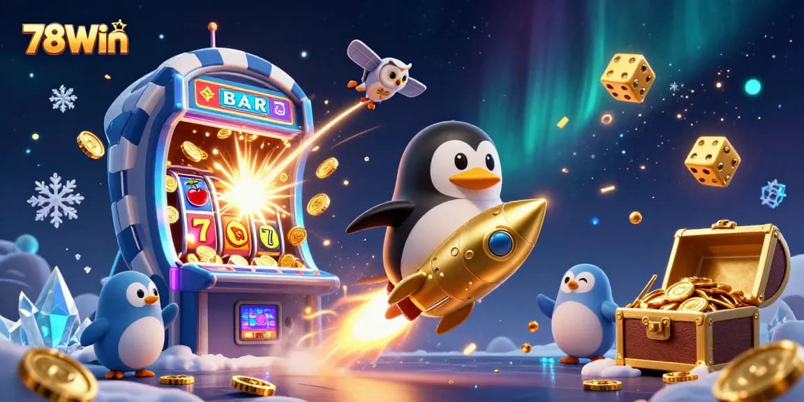 Win big with 78Win as the golden penguin races towards a jackpot in an exciting casino adventure.