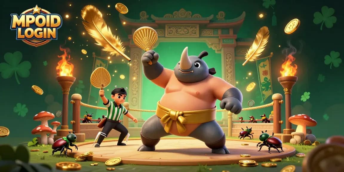 MPOID LOGIN highlights the thrilling stomp of a sumo champion beetle sending gold coins flying in a vibrant gambling arena.