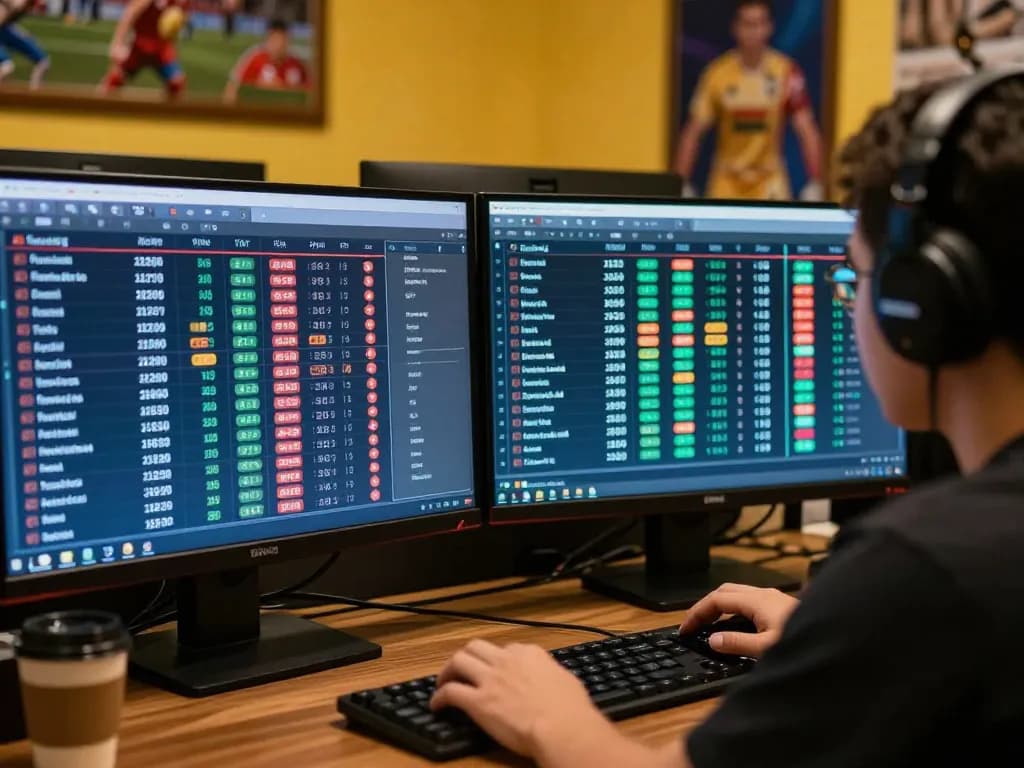 Kèo nhà cái player analyzing sports betting options on multiple screens for strategic decisions.