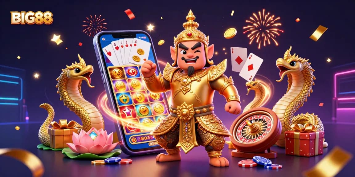 Spin the reels with BIG88 in this vibrant casino illustration featuring a friendly yaksha guardian.