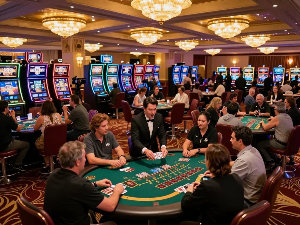Players strategizing in the vibrant atmosphere of vegasslot77 casino floor with dynamic blackjack tables.