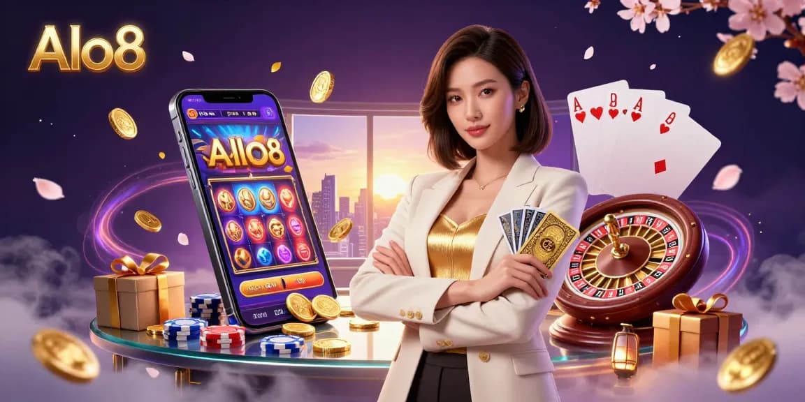 Engaging Alo8 promotional illustration showcasing an Asian businesswoman with casino elements like cards and poker chips.