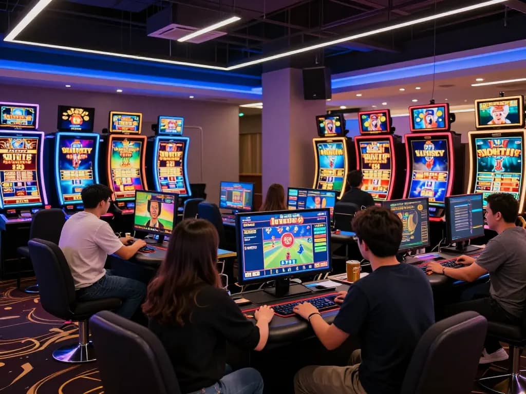 Enthusiastic players enjoying RR88 online casino games in a vibrant, modern setting.