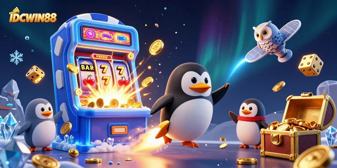 Experience the excitement of IDCWIN88 with a golden penguin, slot machine, and casino elements in a vibrant cosmic scene.