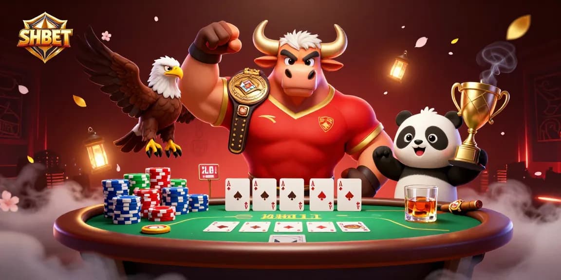 Experience victory with SHBET in a vibrant 3D casino scene featuring poker elements and playful mascots.