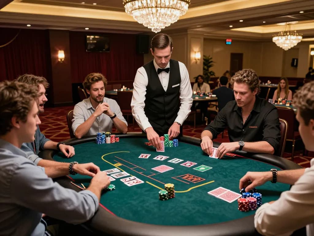 Players enjoying a strategic poker game at take2 casino, focusing on chips and cards during a high-stakes moment.