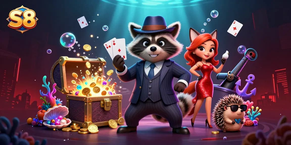 S8 gaming adventure with a raccoon, fox, and hedgehog in a vibrant underwater casino scene.