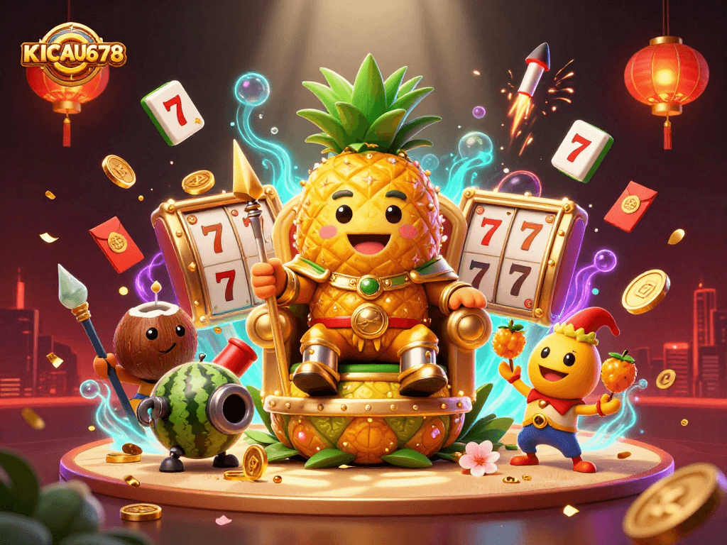 KICAU678 engaging players in an exciting 3D casino scene featuring a golden pineapple king and vibrant game elements