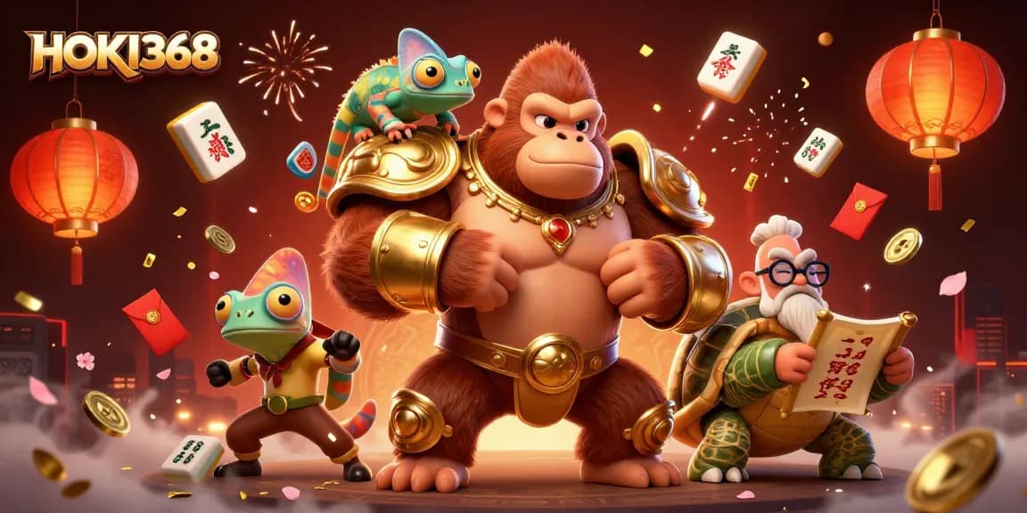 Experience thrills with HOKI368, featuring a bold gorilla king, a clever chameleon, and a wise tortoise amidst gambling elements.