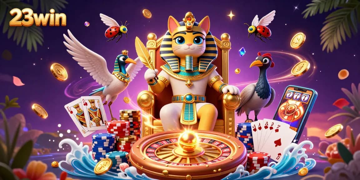 Experience excitement at 23win with a vibrant 3D casino illustration of pharaoh and gaming elements.