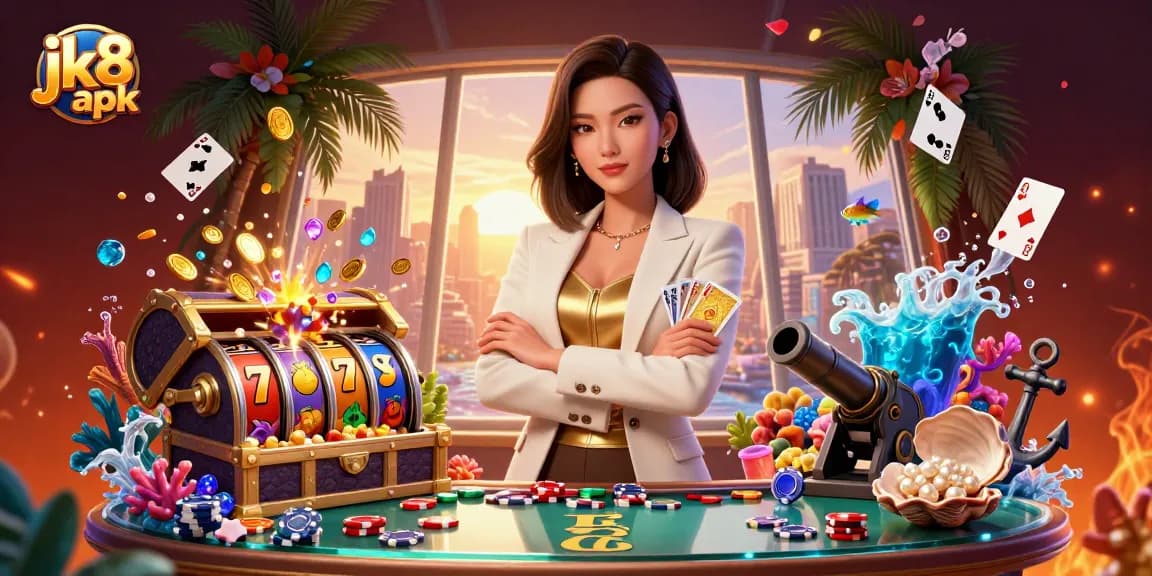 Experience winning moments with the jk8 apk in this dynamic casino illustration showcasing gaming excitement.
