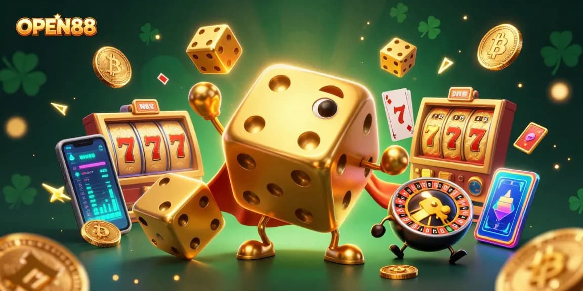 Join the excitement at OPEN88 with vibrant slot reels and captivating casino elements in a dazzling 3D illustration.
