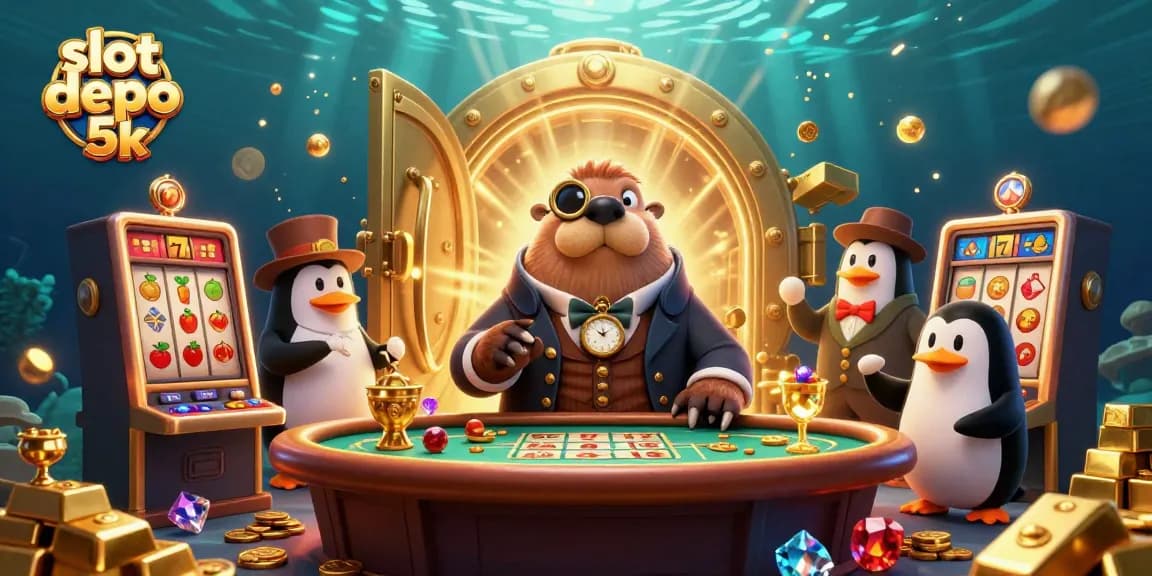 Experience the excitement of slot depo 5k with this dynamic underwater casino scene featuring a jolly walrus and friends.