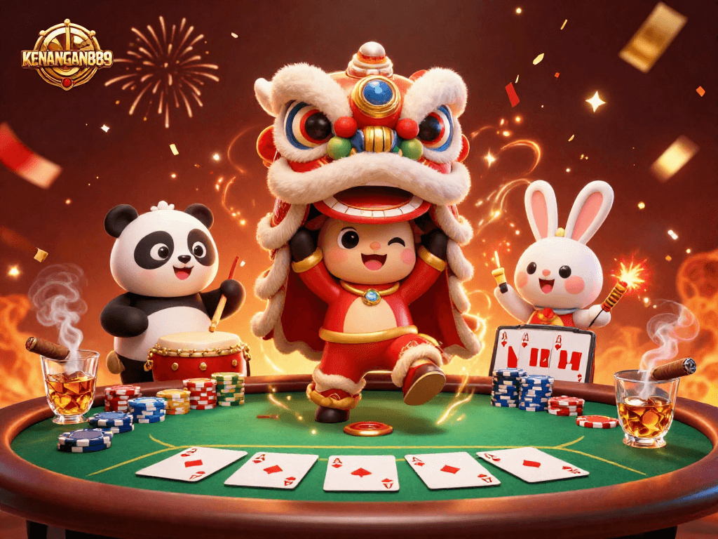Engage with KENANGAN889: Enjoy a lively casino scene with a lion dance and poker action.