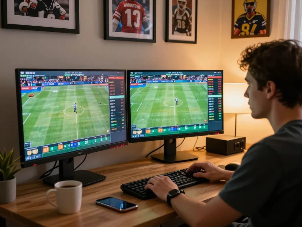 Engaging in 7m sports betting at home while analyzing live odds on dual monitors.