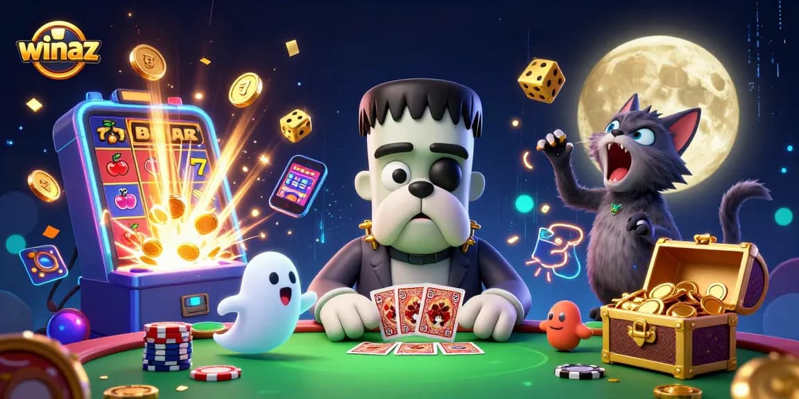 winaz unleashes a thrilling vibes with a playful monster dealing cards at a haunted casino table