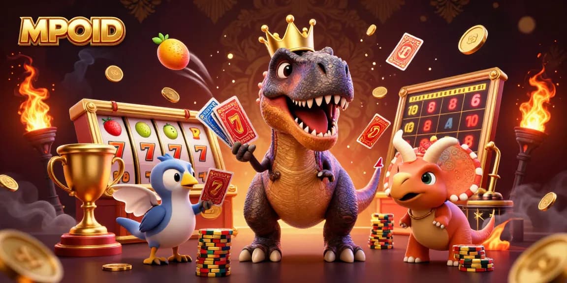 MPOID features a T-Rex card player with a pterodactyl and a triceratops stacking chips in a dynamic casino scene.