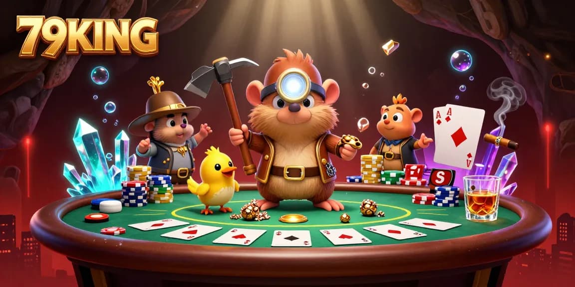 79KING gamblers discovering riches at a lively poker scene full of excitement and vibrant colors.