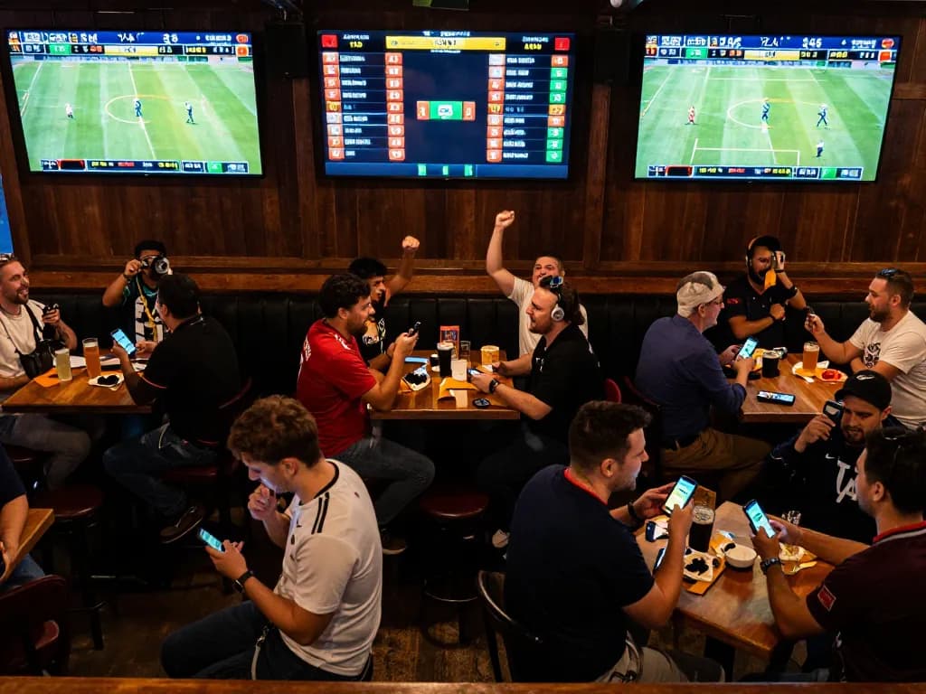 Engaged patrons placing bets on smartphone during exciting UG DEWA sports event at vibrant bar