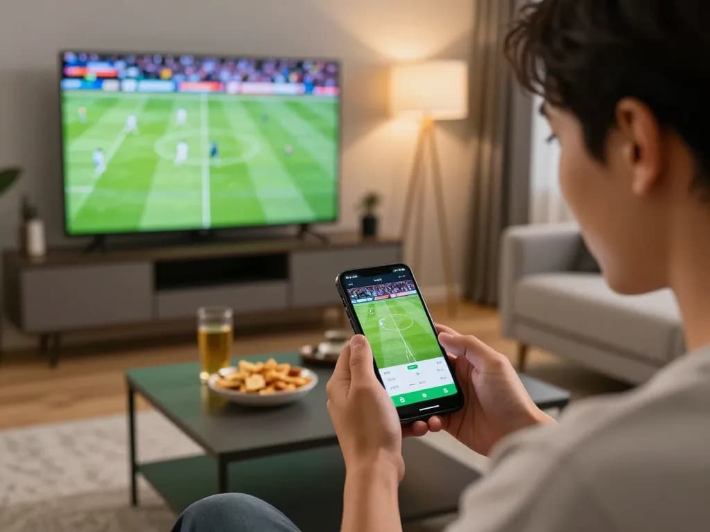 Excited user placing live bets on sports using keonhacaii88 app in a cozy home setting