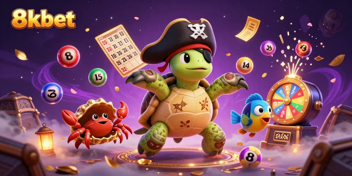 Experience the excitement of 8xbet with a vibrant illustration of a pirate turtle, a hermit crab, and colorful lottery elements.