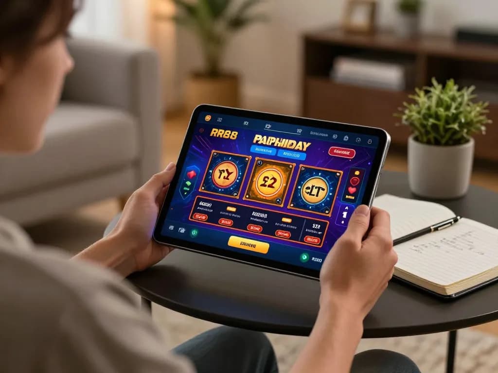 Engaging scene of an individual accessing RR88 for online casino gaming with a tablet in a cozy setting
