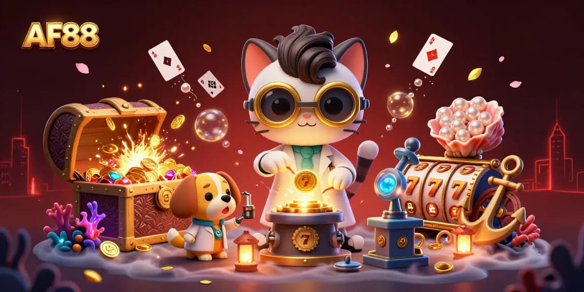 Engage in exciting gambling adventures with AF88, featuring a scientist cat and dog amidst gaming treasures