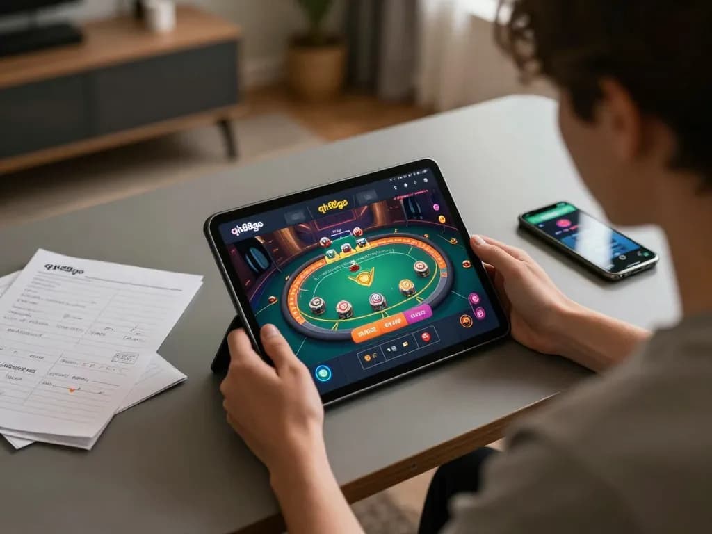 Engaging in strategic gaming on qh88go with a vibrant tablet interface and cozy atmosphere