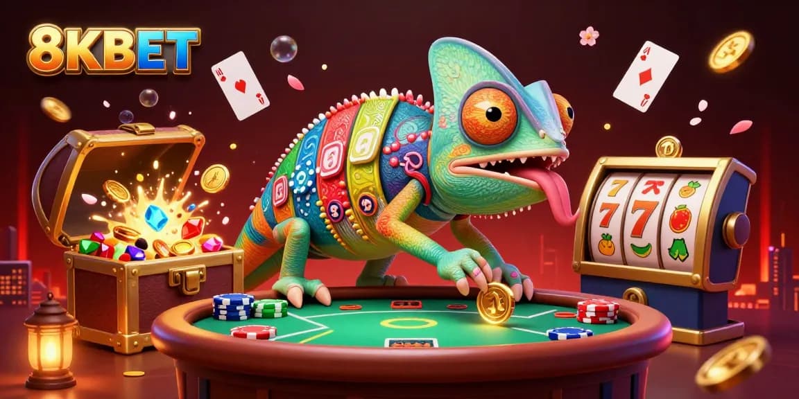 Experience 8KBET's vibrant casino world with a chameleon owner, gold coins, and dynamic game elements.