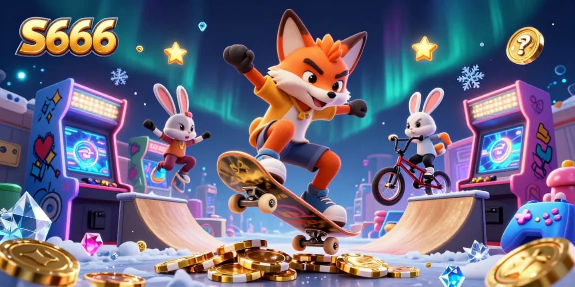 S666 enhances the gaming experience with a vibrant scene featuring a skateboarder fox and bunny in a lively casino setting.