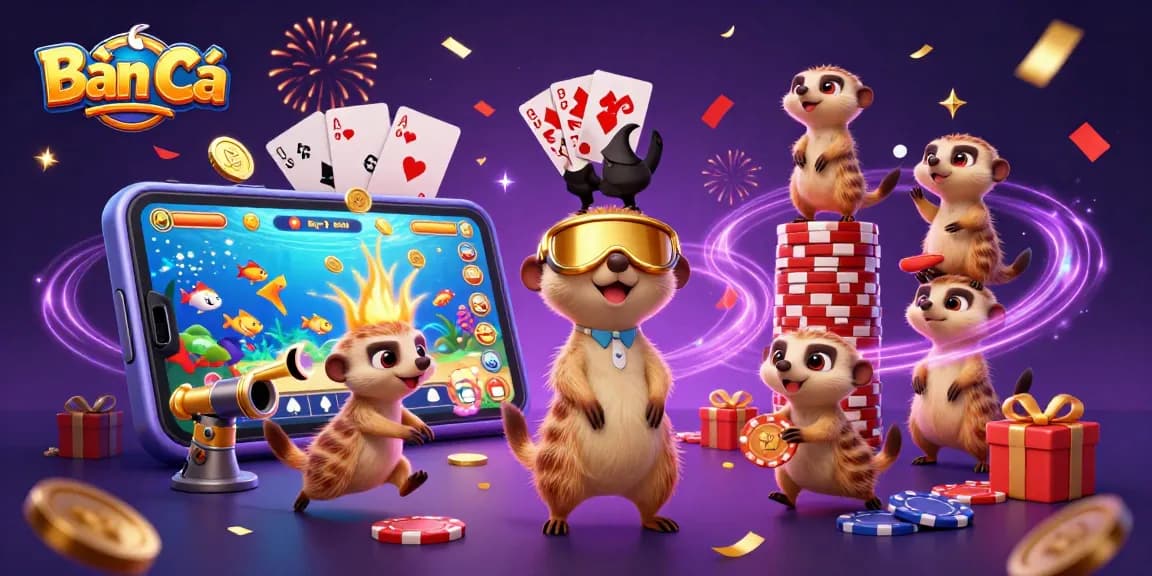 Bắn Cá - Meerkats running a vibrant fish shooting casino, showcasing colorful game elements and confetti