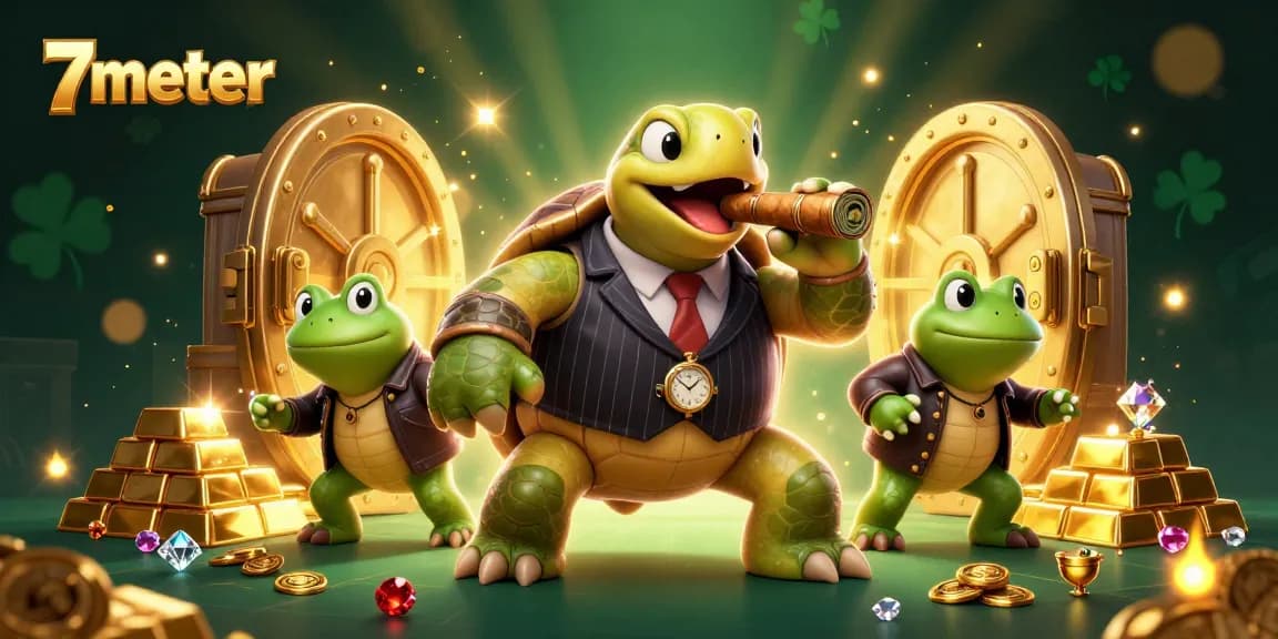 Bet on 7meter with a cartoon turtle in a mobster suit surrounded by gold and jewels highlighting sports betting excitement.