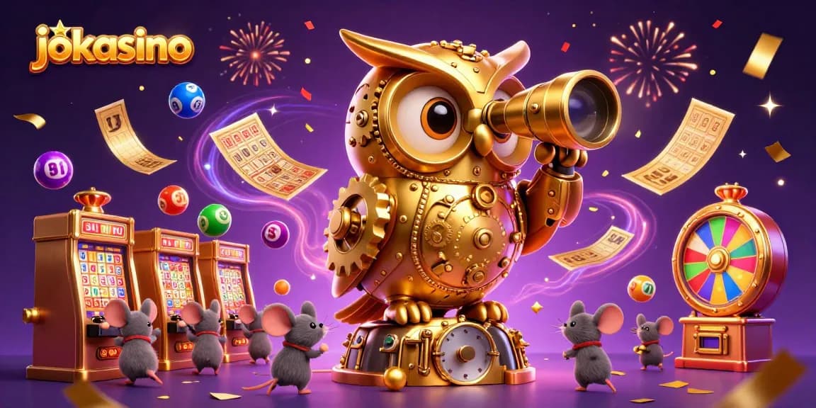 Experience the excitement at Jokacasino with a colorful, dynamic casino scene featuring whimsical characters.