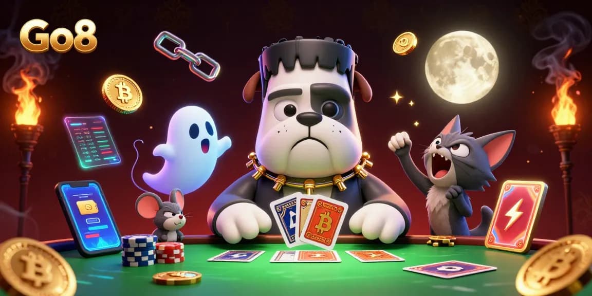 Go8 showcases a vibrant casino scene with a Frankenstein bulldog and other characters playing cards.