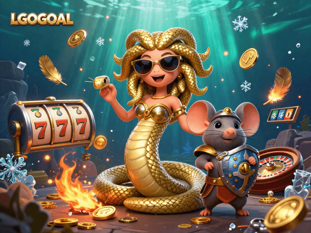 Experience gaming with LGOGOAL featuring Medusa and a warrior mouse amidst swirling slot reels and gold coins.
