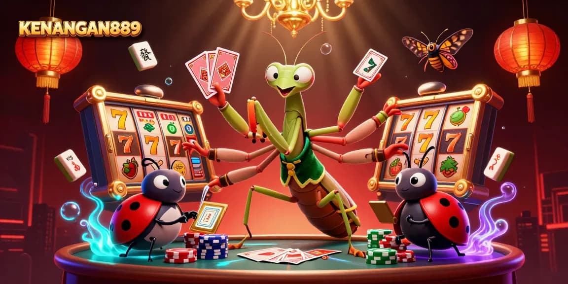 Experience KENANGAN889 with a vibrant casino scene featuring engaging characters and classic slot elements.