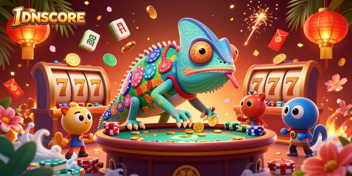 Experience thrilling gaming action at IDNSCORE with vibrant 3D slot games and festive casino elements.