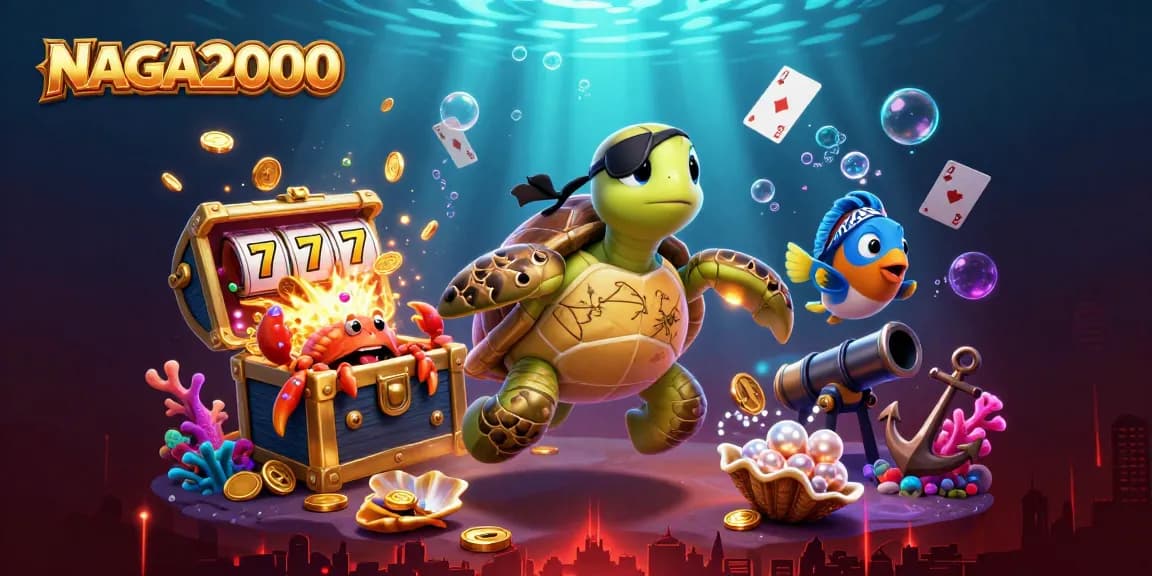 NAGA2000 menampilkan kura-kura bajak laut kartun 3D yang menarik dan teman-teman mengapung di atas harta permainan slot.