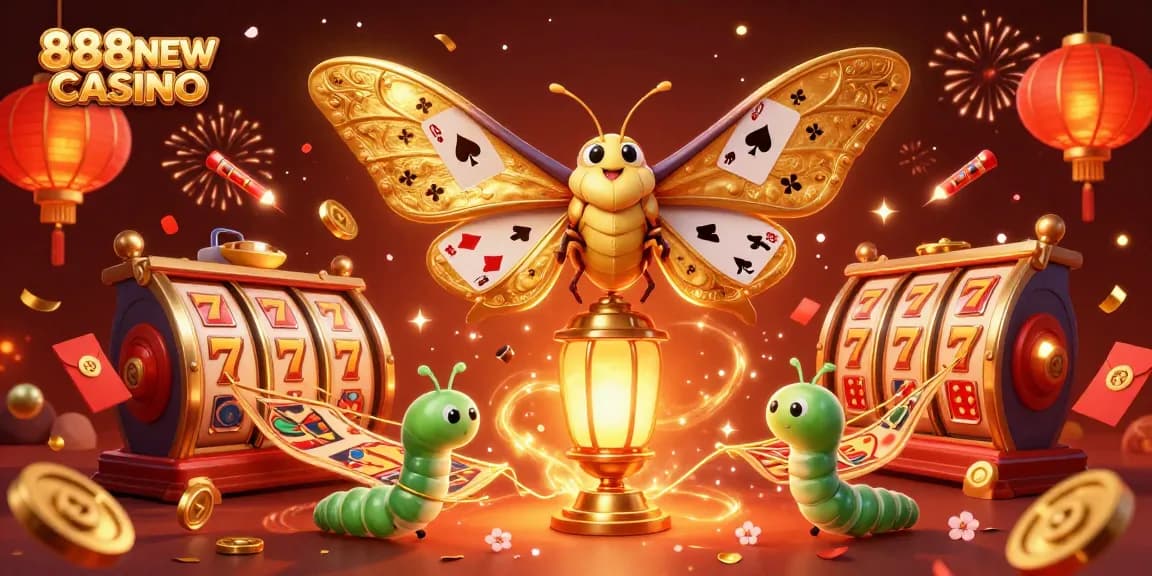 Engage with 888NEW CASINO in a vibrant 3D scene showcasing slots, moths, and rich casino themes.