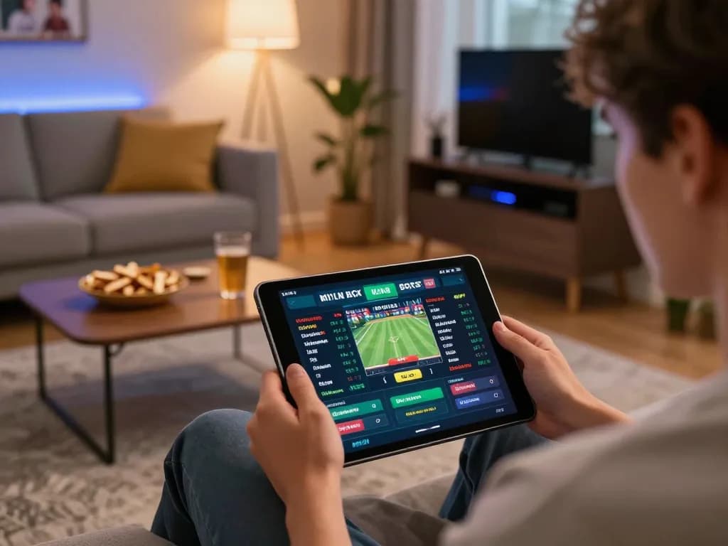 Person using Fun88 tablet for sports betting in a cozy home setting with live odds displayed