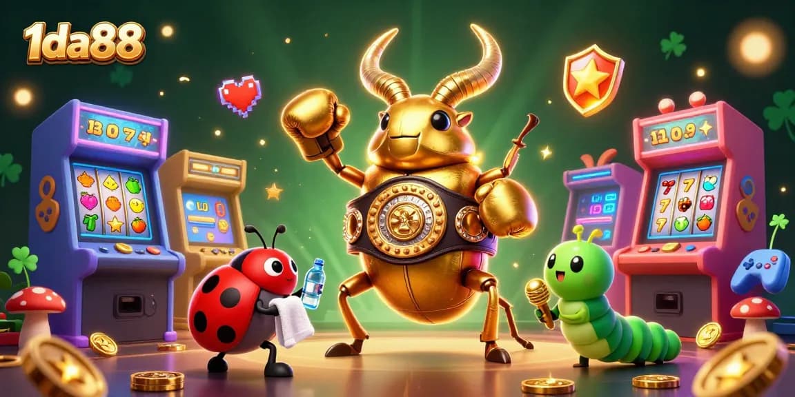 Engage with 1da88's casino adventure featuring a boxing beetle and slot reels.
