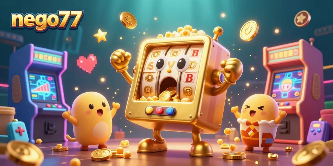 Watch as the nego77 slot machine hits the jackpot, showering coins in this vibrant casino scene.