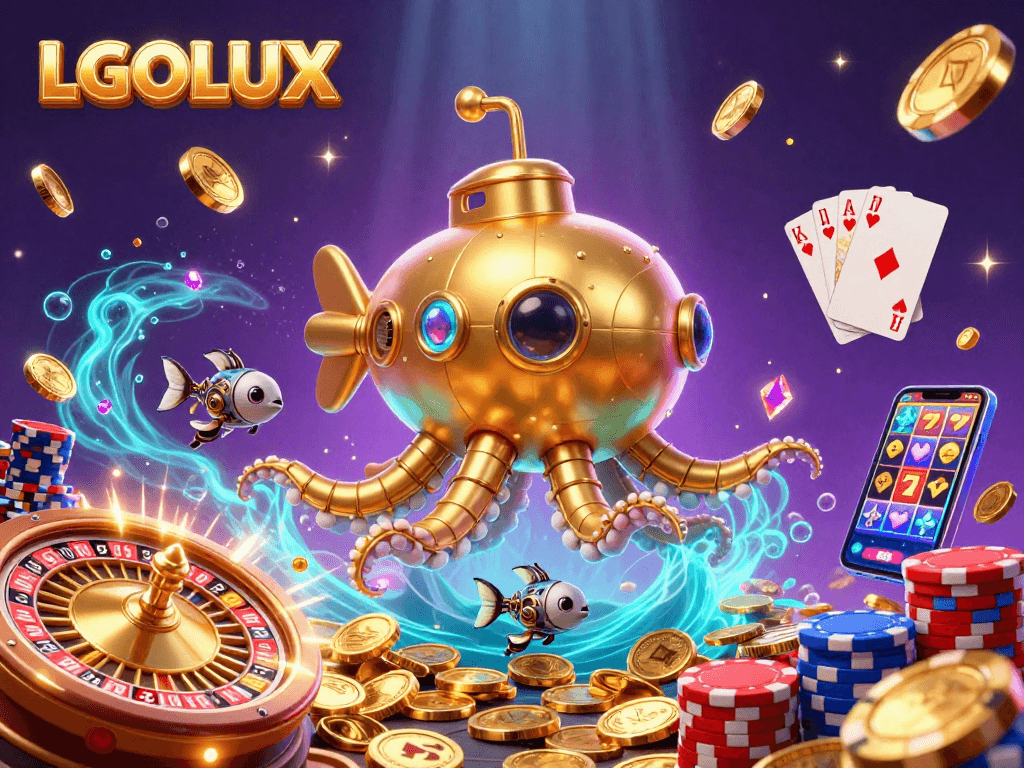 Engage with LGOLUX's thrilling online slot experience amidst golden coins and dynamic casino elements.