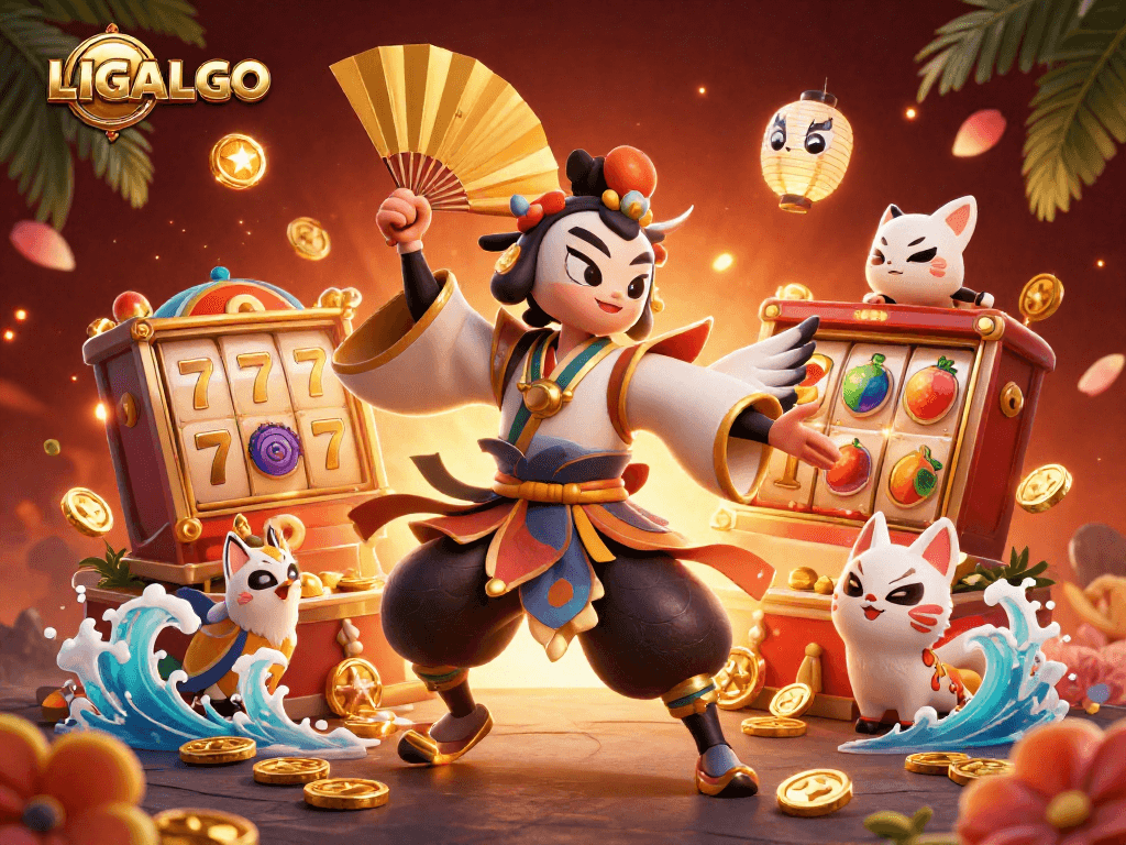 LIGALGO offers dynamic slot gaming excitement in an illustrative 3D casino scene.